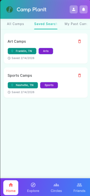 Saved Searches screen showing Art Camps and Sports Camps saved searches